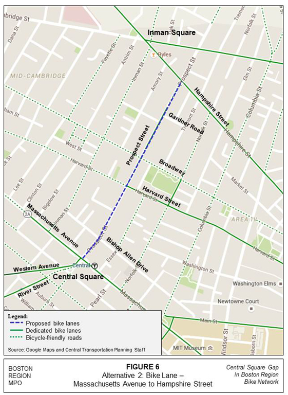 Figure 6 – Map of Alternative 2, which proposes adding bike lanes to Prospect Street from Massachusetts Avenue to Hampshire Street. Figure 6 – Map of Alternative 2, which proposes adding bike lanes to Prospect Street from Massachusetts Avenue to Hampshire Street.